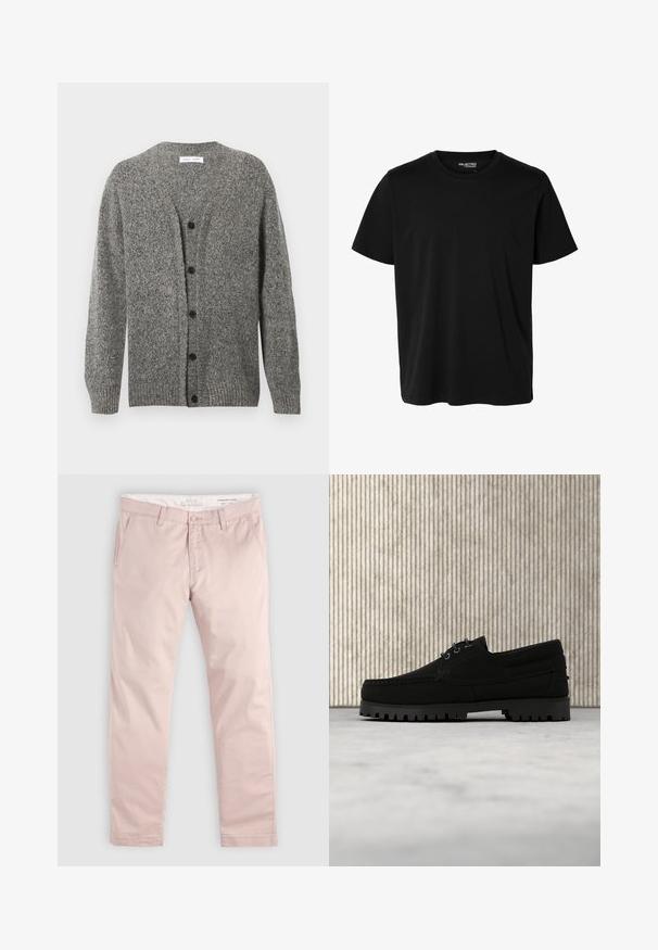 Cardigan gris en maille avec une finition texturée, présentant un col en V, des manches longues et six boutons noirs sur le devant.; T-shirt noir uni à manches courtes et col rond pour homme, sans motifs ni logos visibles à l’avant.; Pantalon slim rose clair avec passants de ceinture, bouton frontal, fermeture éclair, et poches latérales en biais, posé à plat sur un fond clair.; Chaussure noire à lacets avec semelle épaisse à nervures flottant au-dessus d'un tapis beige, table ronde moderne marron en arrière-plan dans une pièce à éclairage doux.