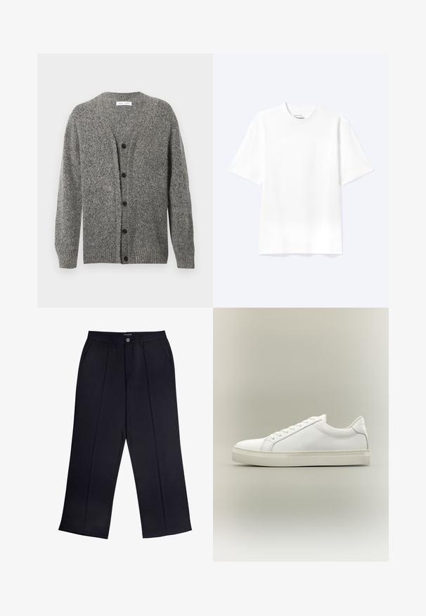 Cárdigan gris de punto con acabado texturizado, que presenta un escote en V, mangas largas y seis botones negros en la parte delantera.; Camiseta lisa blanca de manga corta y cuello redondo con un corte relajado, mostrada sobre un fondo claro.; Pantalones de pierna ancha negros de tejido suave que cuentan con cremallera, cierre de botón y bolsillos frontales. Detalle de pliegue notable a lo largo de cada pierna.; Zapatilla blanca de perfil bajo con cordones en la parte delantera y suela gruesa, mostrada de lado sobre un fondo neutro.