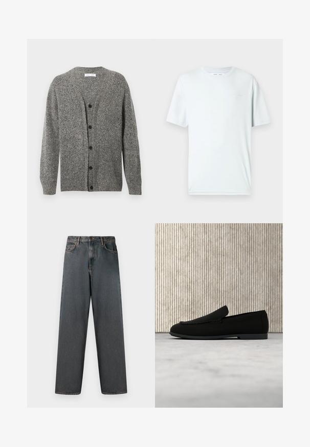 Cardigan gris en maille avec une finition texturée, présentant un col en V, des manches longues et six boutons noirs sur le devant.; T-shirt en coton bleu clair avec col rond, manches courtes et un logo brodé minimaliste sur la poitrine. Texture lisse, design simple.; Jean en denim gris foncé avec une coupe droite, cinq poches et une fermeture à bouton et zip. Le tissu présente un léger dégradé et des coutures.; Mocassin noir sans lacets flottant au-dessus d'un tapis clair avec une table moderne incurvée de couleur ambre brun en arrière-plan.