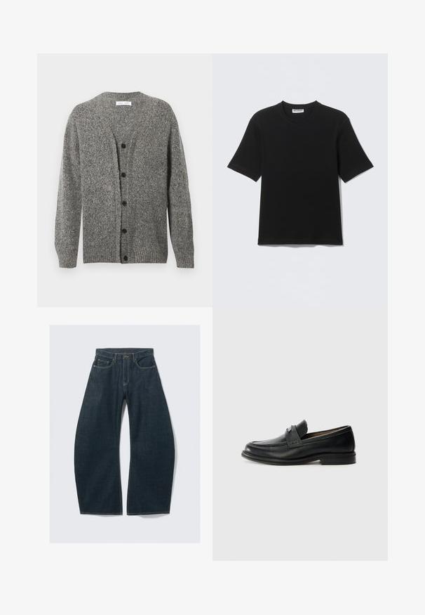 Cardigan gris en maille avec une finition texturée, présentant un col en V, des manches longues et six boutons noirs sur le devant.; T-shirt noir à manches courtes avec col rond, portant une étiquette "WEEKDAY" à l'intérieur du col, présenté à plat sur un fond clair.; Jeans à jambes larges bleu foncé en denim, dotés de cinq poches, de coutures visibles, d'une fermeture par bouton et d'une finition soignée.; Mocassins en cuir noir avec une finition lisse, dotés d'une bande supérieure texturée, d'un talon bas et de détails de couture minimalistes.