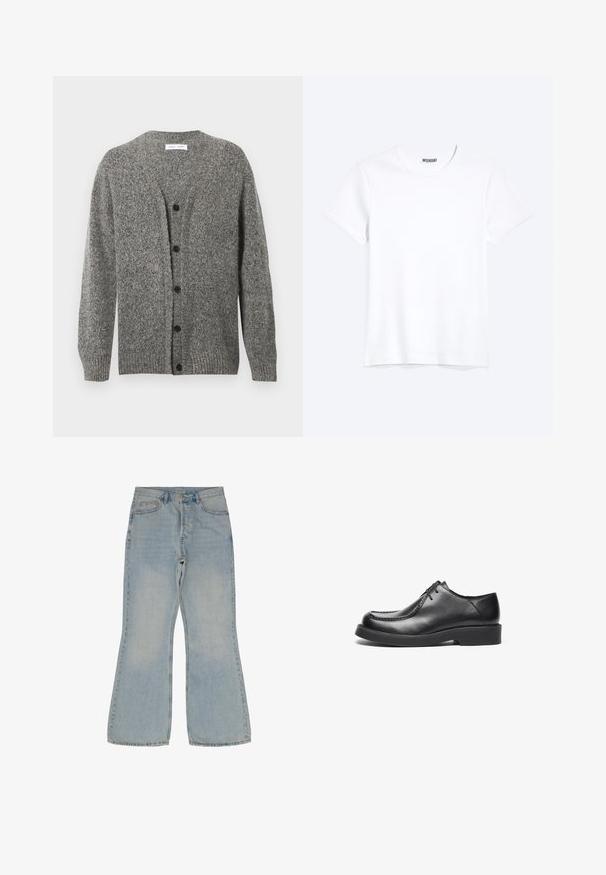 Cárdigan gris de punto con acabado texturizado, que presenta un escote en V, mangas largas y seis botones negros en la parte delantera.; Camiseta blanca lisa de cuello redondo y manga corta con una etiqueta visible de la marca WEEKDAY en el cuello, mostrada sobre un fondo claro.; Jeans acampanados de color azul claro, fabricados en denim. Cuentan con cinco bolsillos, un cierre de botón y costuras contrastantes a lo largo de las costuras.; Zapatos de cuero negro con punta redonda, acentos de costura recta y suela de goma de perfil bajo. Diseño clásico y limpio, cierre con cordones.