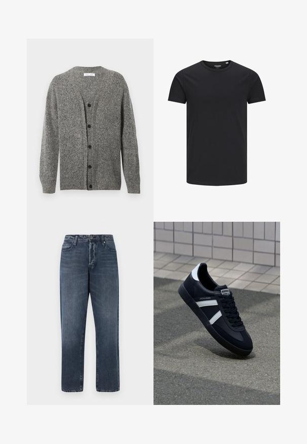 Grå strikket cardigan med en struktureret finish, med V-hals, lange ærmer og seks sorte knapper foran.; Sort bomulds T-shirt med rund hals, korte ærmer og et enkelt design. Glat tekstur, ingen mønstre eller synligt tilbehør.; Jack & Jones Loose-fit JJIEDDIE JJORIGINAL SQ 227 - Baggy jeans - blue denim; Sort lædersneaker med hvide striber, tekstureret gummisål og snørrebånd foran. Har et brandet mærke på tungen.