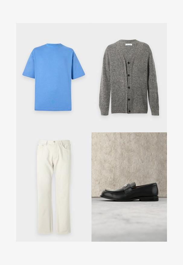 Graue Strickjacke mit strukturierter Oberfläche, mit V-Ausschnitt, langen Ärmeln und sechs schwarzen Knöpfen vorne.; Blaues Baumwoll-T-Shirt mit kurzen Ärmeln, rundem Halsausschnitt und einfarbigem Design. Weicher Textur und lockere Passform.; Hellbeige gerade geschnittene Jeans aus Baumwoll-Denim. Mit Taschen, klassischem Knopfverschluss und einer subtilen Textur ohne Muster.; Schwarzer Lederloafer mit einer Metallmarkenplatte, der nahe einem braunen runden Tisch auf beigem Teppichboden ruht.