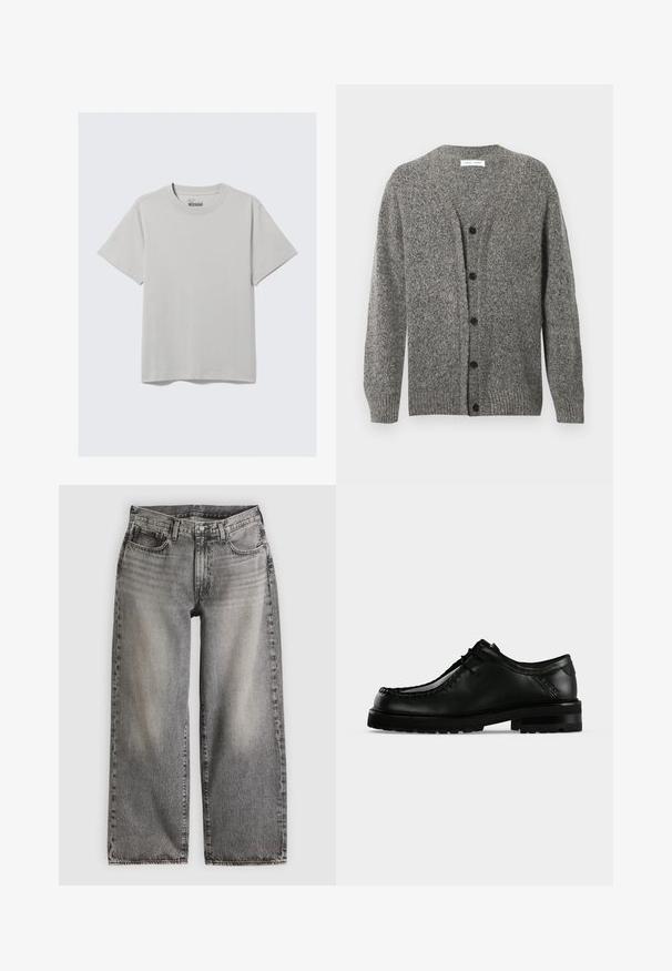 Cardigan gris en maille avec une finition texturée, présentant un col en V, des manches longues et six boutons noirs sur le devant.; T-shirt en coton gris clair avec un col rond et des manches courtes, arborant un design minimaliste et une coupe décontractée. Aucun motif ni accent.; Jean large en denim noir délavé, avec une taille haute, cinq poches et des détails de couture subtils le long des coutures.; Chaussure en cuir noir à lacets avec semelle épaisse en caoutchouc et couture moc toe, vue de profil gauche sur fond clair uni.