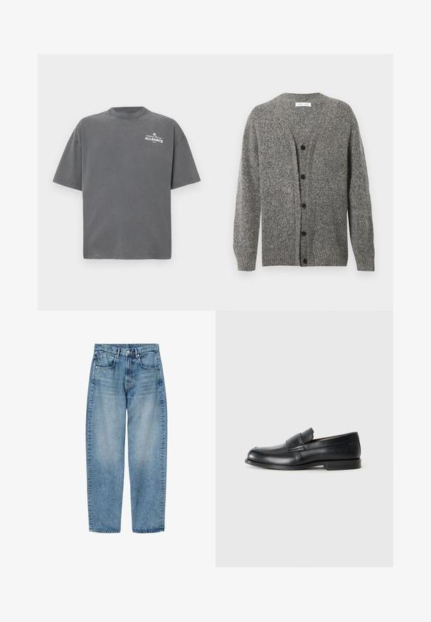 Grå strikket cardigan med en struktureret finish, med V-hals, lange ærmer og seks sorte knapper foran.; Mørkegrå T-shirt med korte ærmer og rund hals med lille hvid "ALLSAINTS"-logo på øverste venstre bryst.; Lyseblå denim jeans med lige ben, forlommer, bæltestropper og knaplukning, vist fladt på en hvid baggrund.; Sorte læder loafers med rund tå, syet detaljer og en flad gummisål. Har en bred rem over vristen.