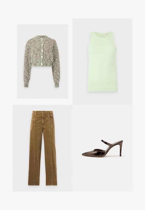 Kraftig strikket kort cardigan i en blanding af mintgrøn og brun garn, med lange ærmer og seks hvide knapper foran.; Ærmeløs lysegrøn tanktop med rund halsudskæring, glat stof og diskret logodetalje ved nederste kant.; Brune kordfløjspants med lige ben design, der har forlommer og synlige sømme langs kanterne. Tekstileret stof med smalle ribber.; Skinnende mørkebrune mule med spids tå og høje hæle med en tynd rem over foden på en ensfarvet hvid baggrund.