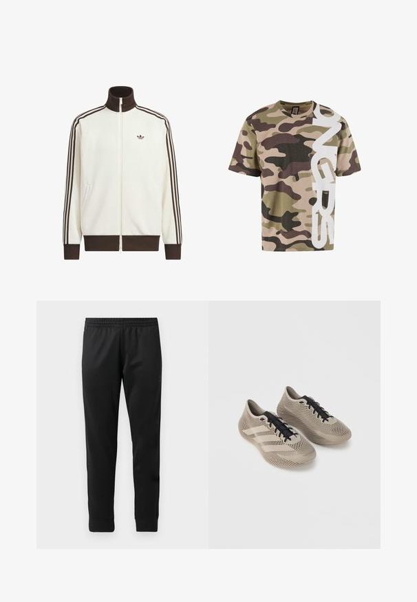 Witte sportjas met rits en een bruine geribde kraag, manchetten en zoom, met drie bruine strepen op de mouwen en een klein logo op de borst.; Camo t-shirt in bruine, groene en tan tinten met een grote witte grafische tekst aan een kant, gemaakt van katoen met een normale pasvorm.; Zwarte sportbroek van gladde stof, met een elastische tailleband, taps toelopende pijpen en ribgebreide manchetten bij de enkels.; Een paar beige sportschoenen met zwarte veters, met een gestructureerd, gestreept patroon en drie zijstrepen op een effen achtergrond.
