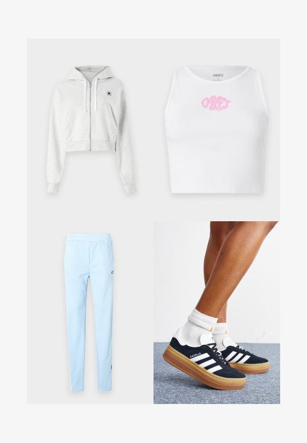 Sudadera corta gris hecha de una tela suave, que cuenta con una cremallera frontal, cordones blancos y un parche circular con el logo en el lado izquierdo del pecho.; Top corto blanco de canalé con un logo rosa de "OBEY" en el centro. Diseñado con un escote redondo y sin mangas.; Pantalones deportivos de color azul claro con una textura suave, cintura elástica y un patrón sutil. Presentan un logo cerca de la cadera y detalles de color en el dobladillo.; Piernas con calcetines blancos y zapatillas Adidas Gazelle negras con rayas blancas y suelas marrones gruesas sobre un suelo alfombrado gris.
