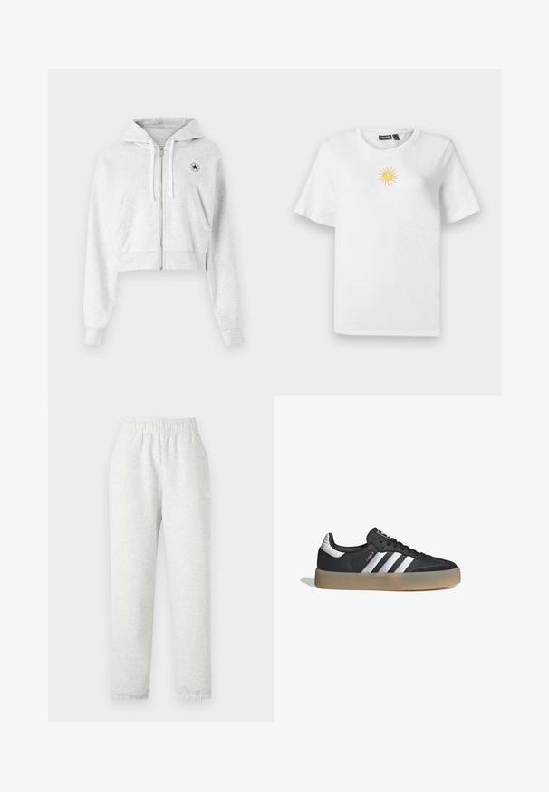 Sudadera corta gris hecha de una tela suave, que cuenta con una cremallera frontal, cordones blancos y un parche circular con el logo en el lado izquierdo del pecho.; Camiseta de algodón blanca de manga corta con un pequeño diseño de sol bordado en amarillo y rosa en el pecho.; Pantalones de chándal gris claro con una cinturilla elástica, piernas cónicas y puños acanalados. Fabricados con un tejido suave y texturizado. Detalle del logo blanco en el lateral.; Zapatilla deportiva de cuero negro con tres rayas plateadas, punta texturizada y suela de goma. Cuenta con un collar acolchado y un diseño con cordones.