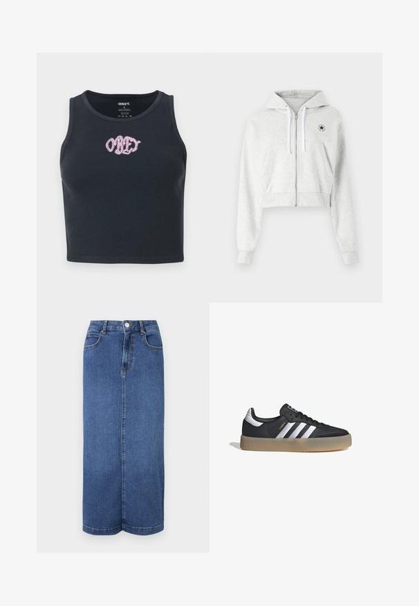 Sudadera corta gris hecha de una tela suave, que cuenta con una cremallera frontal, cordones blancos y un parche circular con el logo en el lado izquierdo del pecho.; Top corto de algodón negro con canalé, con un escote redondo y un logotipo rosa bordado "OBEY" en el pecho.; Falda larga de mezclilla en azul oscuro, con corte recto, cinturilla con cierre de botón y detalles de costura mínimos.; Zapatilla deportiva de cuero negro con tres rayas plateadas, punta texturizada y suela de goma. Cuenta con un collar acolchado y un diseño con cordones.