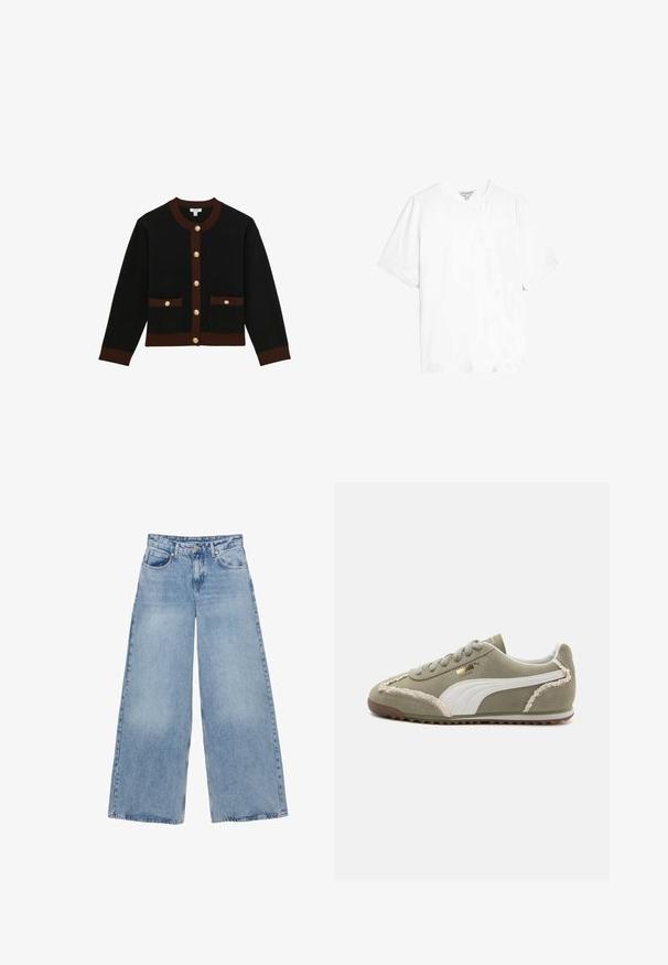 Sort cardigan med brune kanter, gyldne knapper ned foran, på lommer, manchetter og halsudskæring, lagt fladt på hvid baggrund.; Hvid bomulds-t-shirt med korte ærmer, rund halsudskæring og en afslappet pasform. Glat tekstur, ingen mønstre eller ekstra hardware-detaljer.; Lyseblå vidde bukser lavet af denim, med høj talje, knaplukning og fire lommer. Glat tekstur med en falmet finish.; Grønne ruskind sneakers med hvide læderdetaljer, struktureret syning, snørelukning og gummisål. Har unikke designfunktioner langs siderne.