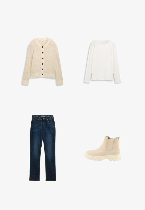 Beige gestrickte Strickjacke mit strukturiertem Finish, runder Ausschnitt, schwarzen Knöpfen und gerippten Bündchen und Saum.; Weißes Langarm-T-Shirt aus weichem Material, mit rundem Ausschnitt und geradem Schnitt, seitlichen Schlitzen am Saum für bessere Bewegungsfreiheit.; Dunkelblaue gerade Jeans aus Denim, mit fünf Taschen, Metallknopfverschluss und Kontrastnähten. Keine sichtbaren Abnutzungen.; Beige Knöchelschuh mit elastischen Seitenpaneelen, strukturiertem Stoff und einer dicken weißen Gummisohle. Verfügt über eine Zuglasche für einfaches Anziehen.