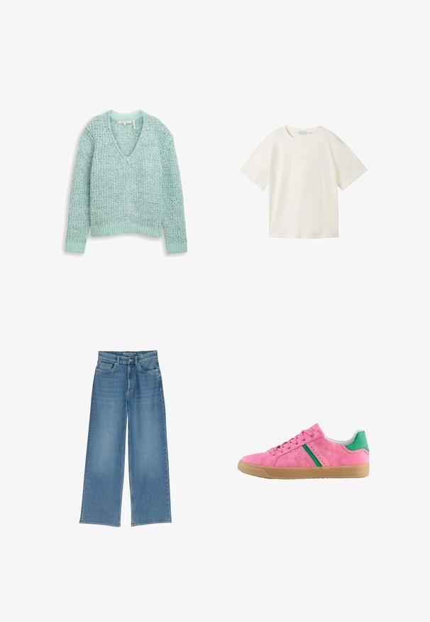 Gebreide cardigan in licht muntgroen, met een V-hals, ritsluiting, textuurpatroon en geribde onderrand en boorden.; TOM TAILOR DENIM T-shirt basic - gardenia white; Lichtblauwe wijde denimmuts met een hoge taille, vijf zakken en zichtbare stiksels; de stof heeft een licht gestructureerde afwerking.; Roze suède sneakers met groene hielaccent en strepen. Heeft een ronde neus, vetersluiting aan de voorkant en een gumrubberen zool. Geperforeerde details aan de zijkanten.