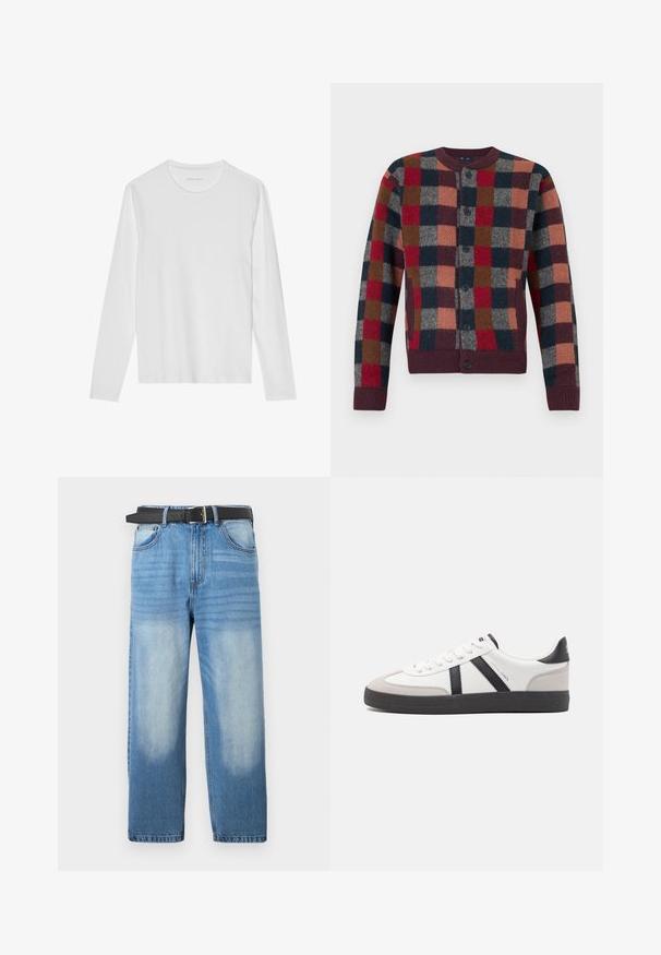 Knæppet strikket cardigan med et flerfarvet ternet mønster i røde, marineblå, brune, grå og ferskenfarvede toner med ribstrikkede ærmekanter og kant forneden.; Langærmet hvid T-shirt lavet af blød bomuld, med rund halsudskæring og en glat tekstur uden synlige mønstre eller accenter.; Lys blå denim jeans med lige ben, udstyret med et sort bælte, falmede pletter og subtil diagonalt mønster i den øverste sektion.; Hvide sneakers med sorte og grå detaljer, med en tekstureret grå tåhætte, sort gummisål og flade hvide snørebånd. Rent design, minimalistisk stil.