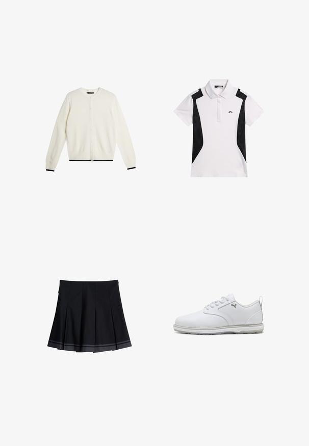 Cremfarbener Cardigan aus weichem Material, mit durchgehender Knopfleiste, langen Ärmeln und schwarzem Saum sowie schwarzen Bündchen.; Weißes Poloshirt mit kurzen Ärmeln, schwarzen Seiteneinsätzen und kleinem schwarzen Logo auf der linken Brust, mit spitzem Kragen und halbem Knopfverschluss.; Schwarzer, plissierter Rock mit zwei horizontalen grauen Streifen nahe dem Saum. Der Rock hat einen glatten Taillenbund und dezente seitliche Details.; Weiße Sportschuhe mit glattem Obermaterial aus synthetischem Leder, strukturierten Akzenten, gepolsterter Knöchelstütze und gummierter Sohle mit guter Traktion. Silberne Logodetails.
