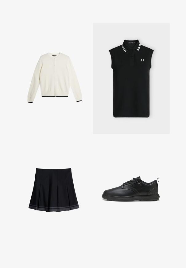Crème cardigan van zacht materiaal, met een knoopsluiting aan de voorkant, lange mouwen en een zwarte rand aan de onderkant en manchetten.; Zwart mouwloos poloshirt met twee zwarte knopen, witte dubbele strepen op de kraag en klein wit lauwerkranslogo op de borst.; Zwarte geplooide rok met twee horizontale grijze strepen nabij de zoom, met een gladde tailleband en subtiele zijdetails.; Zwarte leren schoen met een gladde afwerking, getextureerde zijpanelen, vetersluiting en gewatteerde kraag. Heeft een subtiel logo en gemusterde accenten.