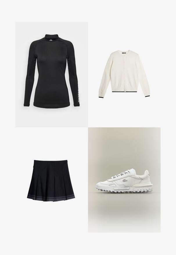 Cardigan crème en matériau doux, avec un devant à boutons, des manches longues, et un bord noir au bas et aux poignets.; Chemise noire à manches longues avec un col haut, fabriquée en tissu lisse. Présente des coutures discrètes et un logo sur la manche. Design ajusté.; Jupe plissée noire avec deux bandes horizontales grises près de l'ourlet, dotée d'une taille lisse et de détails latéraux subtils.; Baskets basses blanches avec semelle texturée, design à lacets et petit logo sur le côté, sur un fond uni neutre.