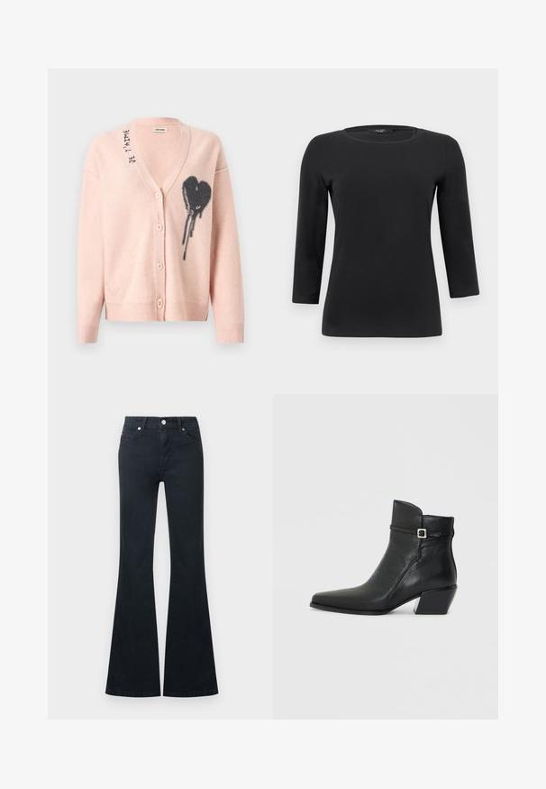 Cardigan rose clair en matière douce, avec un motif cœur noir dégoulinant et des boutons sur le devant. Texte "Je t'aime" sur le col.; Chemise noire à manches longues avec col rond, silhouette ajustée et texture de tissu lisse et unie.; Jean en denim noir évasé avec une taille haute, cinq poches et une fermeture à bouton métallique. Texture lisse et détails de couture contrastés.; Bottines en cuir noir avec un bout pointu, un petit talon carré et une sangle décorative avec une boucle en argent. Texture lisse.