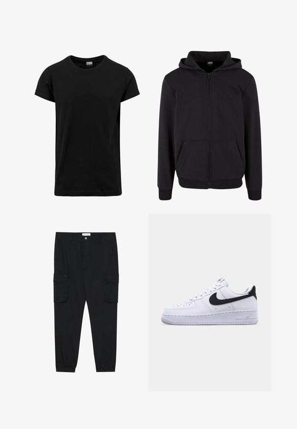 Urban Classics COZY ZIP - Mikina so zipsom - black; Čierne tričko vyrobené z bavlny, s klasickým okrúhlym výstrihom, krátkymi rukávmi s prehnutím a rovnom spodným okrajom. Jednoduchý, jednoliaty dizajn bez vzorov.; Čierne cargo nohavice so zapadnutými nohavicami, elastickými manžetami a viacerými bočnými vreckami. Vyrobené z štruktúrovanej látky so zapínaním na gombík.; Biele kožené tenisky s textúrovaným čiernym Swooshom, plochými šnúrkami a gumovou podrážkou s ryhovaným vzorom. Na päte je embosovaný nápis "AIR".