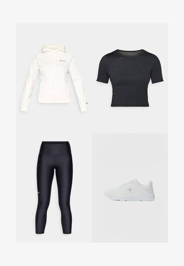 Witte hoodie met ritssluiting en capuchon, gemaakt van een zachte stof. Voorzien van een zwart logo op de borst en bij de manchet, met geribbelde zoom en manchetten.; Zwarte korte mouwen crop top gemaakt van glad, rekbaar materiaal met een ronde halslijn en subtiele naaddetails op de schouders.; Zwarte leggings van glad, rekbaar materiaal. Hoog ingezette taille met een nauwsluitende pasvorm en een klein logo op het linkerpedaal.; Witte sportieve schoenen met een gestructureerde mesh bovenkant, gevoerde kraag en een contrasterend logo aan de zijkant. Beschikt over een lichtgewicht rubberen zool.