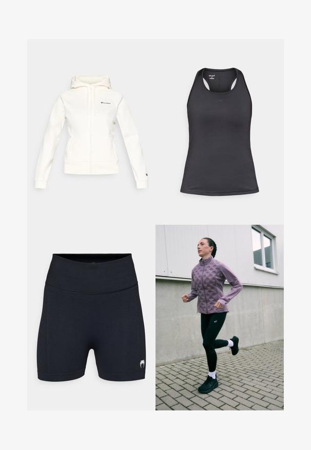 Witte hoodie met ritssluiting en capuchon, gemaakt van een zachte stof. Voorzien van een zwart logo op de borst en bij de manchet, met geribbelde zoom en manchetten.; Zwarte atletische tanktop met een racerback-ontwerp, gemaakt van glad, rekbaar materiaal met minimale naden en een logodetail aan de voorkant.; Zwarte sportshorts van gladde stof met mesh-zijpanelen. Voorzien van een brede tailleband en een klein logo op het onderbeen.; Paarse textuur hardloopjack met hoge kraag, gecombineerd met zwarte leggings met subtiele geperforeerde details. Zwarte hardloopschoenen en witte sokken.