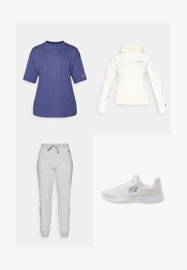 Sudadera blanca con cremallera y capucha, confeccionada en una tela suave. Presenta un logotipo negro en el pecho y en el puño, con dobladillo y puños acanalados.; Camiseta de algodón morada de cuello redondo y manga corta, que presenta un pequeño logo en el pecho y un parche del logo en la manga.; Pantalones de chándal grises, hechos de una tela suave, con una cinturilla elástica y cordón ajustable, piernas estrechas y puños acanalados.; Skechers DYNAMIGHT 2.0 - Zapatillas - white