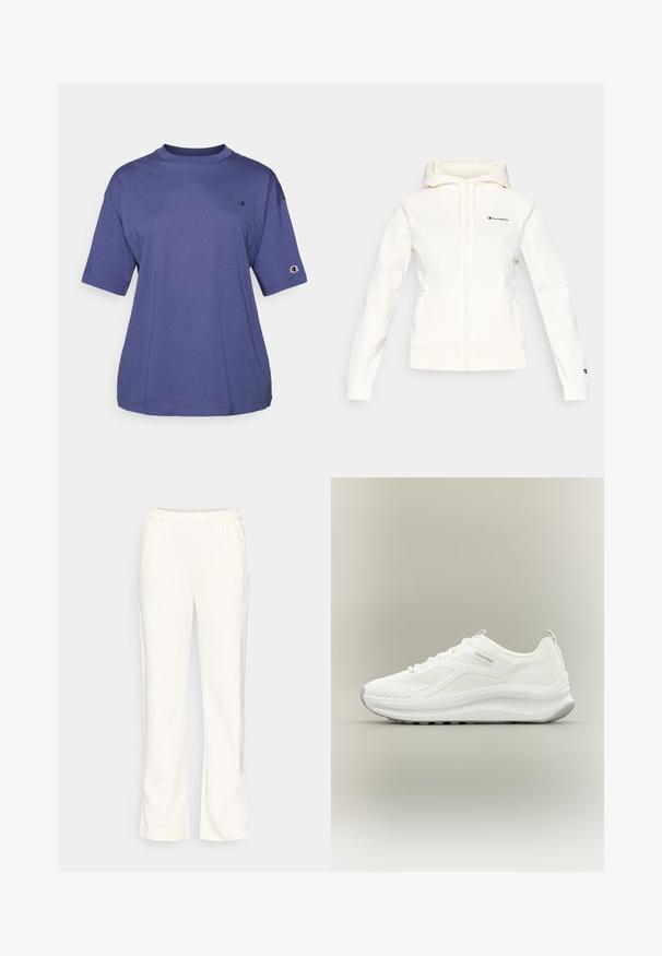 Hvid hættetrøje med lynlås og hætte, lavet af blødt stof. Har sort logo på brystet og ved manchetterne, med ribstrikket kant og manchetter.; Lilla bomulds T-shirt med rund hals og korte ærmer, med et lille logo på brystet og et logo patch på ærmet.; Kremfarvede joggingbukser med elastisk linning, lige ben, blød tekstur og sidelommer. Ingen synlige mønstre eller detaljer.; Hvid Calvin Klein sneakers med mesh tekstur, snøredesign, tyk sål og trækflap ved hælen, vist på neutral baggrund.