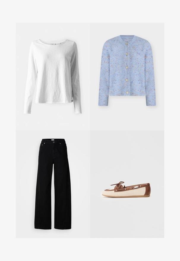 Lichtblauwe gebreide cardigan met een ronde halslijn, vijf knopen en een gestructureerd patroon met meerkleurige spikkels. Geribbelde manchetten en zoom.; Langarm witte T-shirt van zacht, lichtgewicht materiaal; heeft een ronde hals en een licht aansluitende pasvorm; label zichtbaar aan de zijkant.; Zwarte denim jeans met wijde pijpen, knoopsluiting, vijf zakken en een schone afwerking. Gemaakt van textiel met structuur voor duurzaamheid.; Bruine leren en beige canvas boottong met strikdetail, ronde neus, zijveters en subtiele metallic accenten. Laagprofiel rubberen zool.