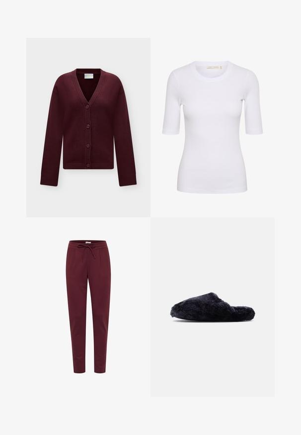 Cardigan en maille bordeaux foncé à manches longues, col en V, avec quatre boutons sur le devant sur un fond uni clair.; T-shirt blanc à côtes avec un col rond et des manches courtes. Le tissu semble doux et extensible, au design ajusté avec un détail de logo subtil.; Pantalon bordeaux en tissu doux et extensible, avec une taille élastique à cordon de serrage, des plis à l'avant et des jambes fuselées. Texture lisse sur l'ensemble.; Chausson noir en tissu duveteux à enfiler, à bout fermé et talon ouvert, en tissu doux et texturé, présenté de profil sur fond blanc.