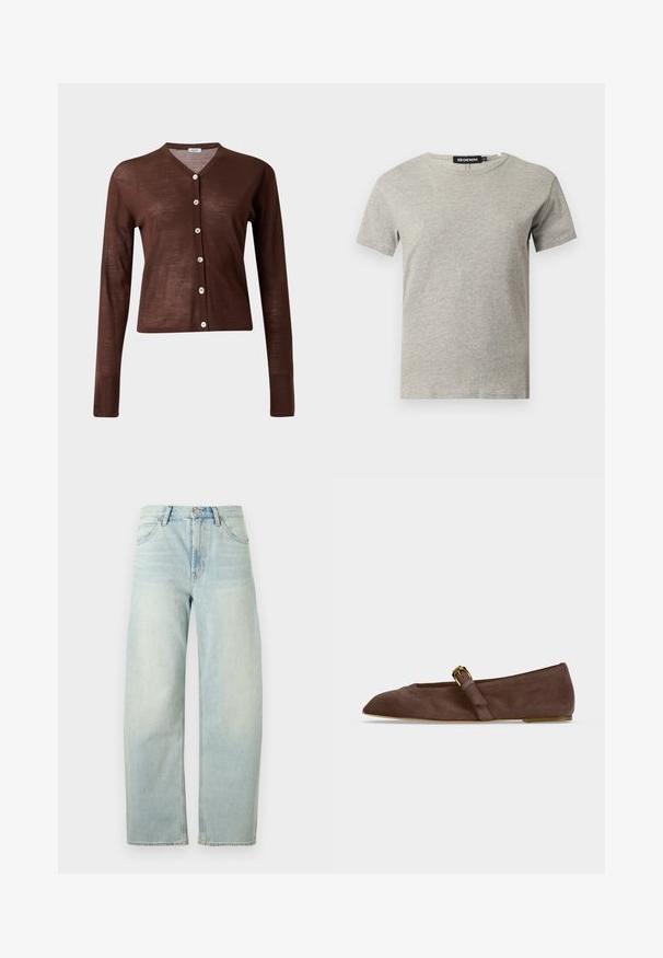 Cardigan marron à manches longues boutonné, col en V avec six boutons de couleur claire, présenté sur un fond clair uni.; T-shirt en coton gris clair à manches courtes et col rond avec une étiquette noire visible à l'intérieur du col indiquant "DENIM" et la taille "S."; Jean taille haute bleu clair, coupe droite, avec bouton à l'avant et poches, présenté sur un fond blanc uni.; Chaussure plate en daim marron avec bout pointu et bride à boucle dorée sur le côté, vue de profil sur fond blanc.