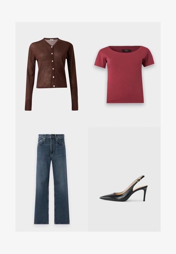 Cardigan marron à manches longues boutonné, col en V avec six boutons de couleur claire, présenté sur un fond clair uni.; Haut pour femmes à manches courtes, de couleur rose foncé, avec un large décolleté en arrondi et une coupe ajustée, posé à plat sur un fond blanc.; Jean en denim bleu droit avec cinq poches et une fermeture à bouton, présenté sur un fond blanc.; Escarpins en cuir noir avec une pointe fine, une bride ajustable et un talon aiguille élégant, présentant une finition lisse.