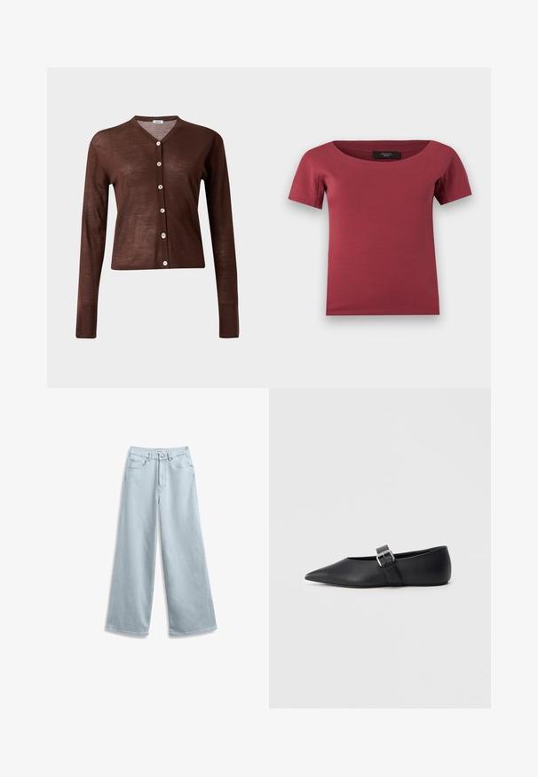 Cardigan marron à manches longues boutonné, col en V avec six boutons de couleur claire, présenté sur un fond clair uni.; Haut pour femmes à manches courtes, de couleur rose foncé, avec un large décolleté en arrondi et une coupe ajustée, posé à plat sur un fond blanc.; Jean large bleu clair en denim, doté d'un design classique à cinq poches et d'une fermeture à bouton à la taille.; Chaussure plate en cuir noir avec bout pointu et bride latérale à boucle. Texture lisse, design minimaliste, profil bas. Convient pour une tenue décontractée.