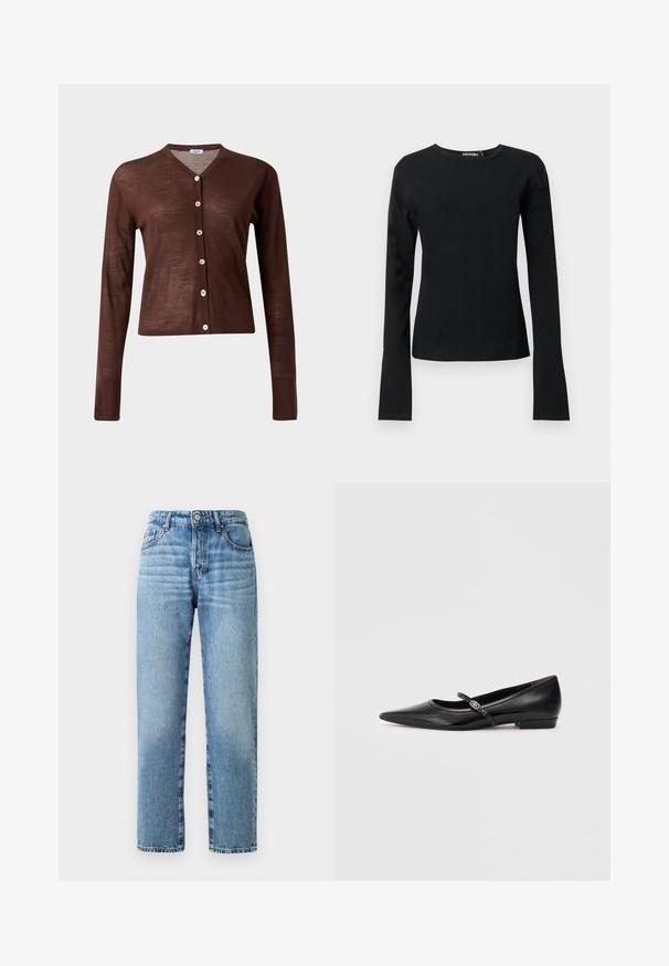 Brun cardigan med lange ærmer, knapper og V-hals med seks lyse knapper, vist mod en ensfarvet lys baggrund.; Sort tætsiddende langærmet t-shirt med rund hals og lige kant samt glat stof, vist mod en ensartet lys baggrund.; Lyst blå denimjeans med lige ben, synlige syninger, knaplukning og fem lommestil.; Sorte patentlæder flade sko med spids tå, ankelrem og dekorativ hardware. Glat tekstur og lav hældesign.