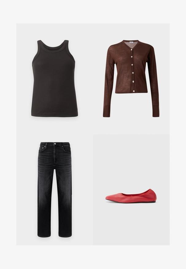 Brauner langärmeliger Knopf-Cardigan mit V-Ausschnitt und sechs hellen Knöpfen, vor hellem einfarbigem Hintergrund dargestellt.; Schwarzes, geripptes Tanktop mit rundem Ausschnitt und breiten Trägern. Hergestellt aus einem weichen, elastischen Stoff und mit einer figurbetonten Passform.; Schwarze Denim-Jeans mit entspannter Passform, geraden Beinen und minimalem Verblassen. Sie verfügen über einen Knopfleistenverschluss, fünf Taschen und dezente Nähte.; Filippa K REY FLATS - Klassischer Ballerina - bright red