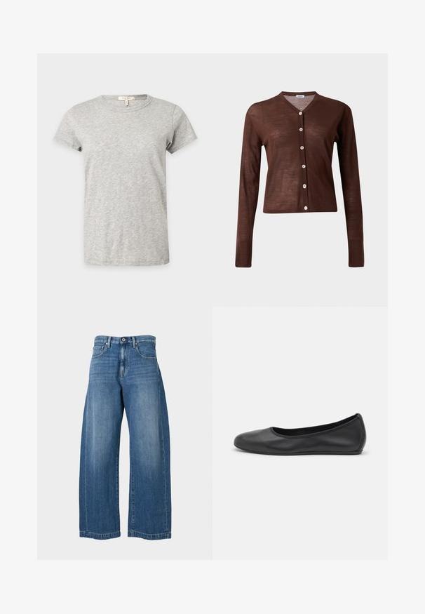 Cardigan marron à manches longues boutonné, col en V avec six boutons de couleur claire, présenté sur un fond clair uni.; T-shirt gris clair à manches courtes et col rond avec un motif chiné subtil affiché sur un fond uni.; Jean en denim bleu à jambes larges avec fermeture avant par bouton et fermeture éclair, passants de ceinture et style cinq poches sur fond uni.; Ballerines en cuir noir avec un bout rond, texture lisse, détails de couture minimalistes et design de semelle flexible.