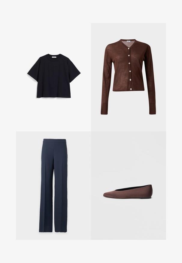 Brauner langärmeliger Knopf-Cardigan mit V-Ausschnitt und sechs hellen Knöpfen, vor hellem einfarbigem Hintergrund dargestellt.; Marineblaue Kurzarm-T-Shirt aus weicher Baumwolle, mit entspannter Passform, Rundhalsausschnitt und minimalistischem Design. Keine sichtbaren Muster oder Akzente.; Marineblaue, weit geschnittene Hose mit hoher Taille und sauberer Vorderseite, dargestellt vor schlichtem hellgrauem Hintergrund.; Braune Ballettschuhe aus Stoff mit spitz zulaufender Spitze und glatter Textur, ausgestattet mit einem niedrigen Rückenteil und einer dünnen schwarzen Sohle. Keine sichtbaren Muster oder Verzierungen.