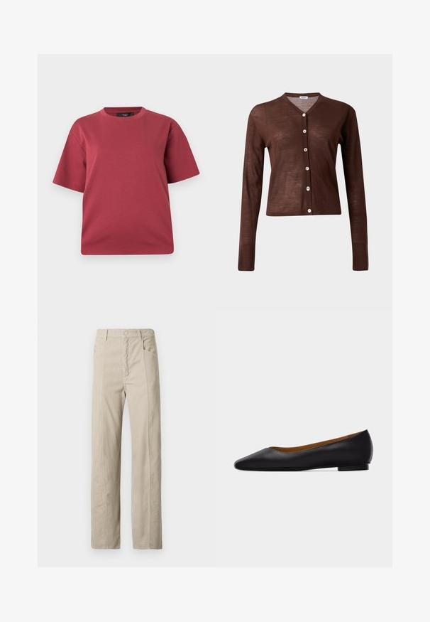 Cardigan marron à manches longues boutonné, col en V avec six boutons de couleur claire, présenté sur un fond clair uni.; T-shirt à manches courtes et col rond couleur rose poudré avec une coupe décontractée, présenté sur un fond blanc uni.; Pantalon en velours côtelé beige avec une coupe droite. Doté de poches avant et d'une surface texturée avec des côtes verticales.; Chaussure plate en cuir noir à bout pointu avec talon bas et finition lisse, vue de côté sur un fond gris clair.