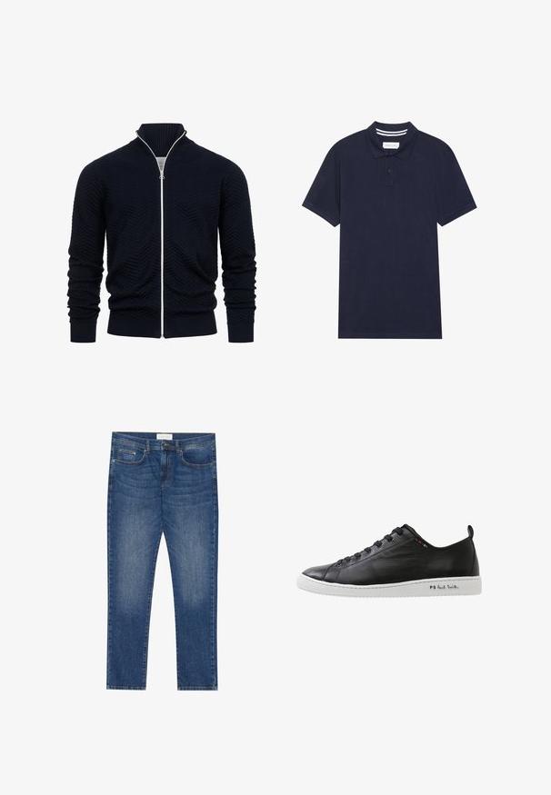 Nautonblauer Reißverschlussstrickjacke aus strukturiertem Stoff mit Zickzackmuster, gerippten Bündchen und einem hohen Kragen mit einem kontrastierenden weißen Reißverschluss.; Navyblaues Polohemd aus strukturiertem Stoff, mit einer Knopfleiste mit drei Knöpfen, kurzen Ärmeln und einem gestreiften Kragen.; Herren Jeans aus blauem Denim mit geradem Schnitt, fünf Taschen, leichtem Verwaschungsdetail sowie einem standardmäßigen Knopf- und Reißverschluss.; Schwarze Ledersneaker mit weißer Gummisohle. Merkmale sind eine runde Zehenkappe, sechs Ösen zum Schnüren und mehrfarbige Akzente nahe der Zunge, sowie ein geprägtes Logo an der Seite.