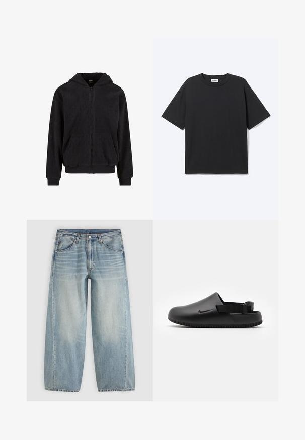 Schwarzer Reißverschluss-Hoodie mit strukturiertem Muster, ausgestattet mit einer Kapuze, zwei Fronttaschen und gerippten Bündchen und Saum. Hergestellt aus weichem Stoff.; Schwarzes T-Shirt mit kurzen Ärmeln und Rundhalsausschnitt in lockerer Passform, Vorderansicht, schlichtes Design und sichtbares Weekday-Label im Krageninneren.; Hellblaue Jeans mit weitem Bein, Vordertaschen, Gürtelschlaufen, Knopfverschluss und dezentem Verblassen an den Oberschenkeln vor einem schlichten Hintergrund.; Schwarze geformte Clogs mit glatter Textur, einem Hinterriemen für Stabilität und einer geriffelten Sohle für Grip. Mit kleinem Logo an der Seite.