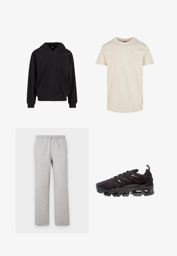 Sudadera con cremallera negra y un patrón texturizado, que cuenta con capucha, dos bolsillos frontales y puños y dobladillo acanalados. Fabricada con un tejido suave.; Camiseta de manga corta y cuello redondo en un color beige claro. Fabricada en algodón suave, presenta una textura lisa y un dobladillo recto.; Pantalones deportivos grises con cintura elástica y cordón ajustable. Fabricados con tela suave, cuentan con piernas rectas y un sutil detalle de logotipo.; Zapatillas deportivas negras con una parte superior de tela texturizada, acentos brillantes y una suela prominente con amortiguación de aire. Presenta elementos de diseño en forma de onda distintivos.
