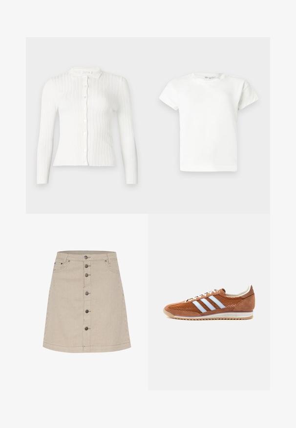 Cardigan blanc en maille côtelée avec manches longues, boutons à l'avant et petit col.; T-shirt blanc uni à manches courtes et col rond, avec un ourlet droit, présenté sur un fond gris clair.; Jupe en denim rayée beige avec une forme évasée, dotée d'une fermeture à boutons à l'avant, de deux poches latérales et de détails de couture subtils.; Baskets Adidas basses marron avec des rayures blanches, une tige en mesh et en daim, des lacets blancs et une semelle en caoutchouc sur un fond blanc.