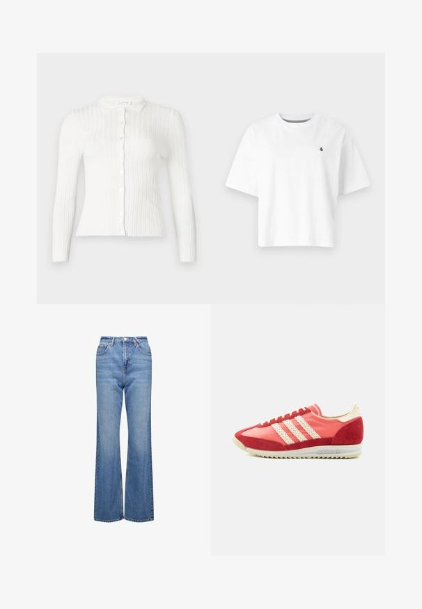 Cárdigan blanco de punto acanalado con mangas largas, botones delanteros y un pequeño cuello.; Camiseta de algodón blanca, diseño cortado, mangas cortas, cuello redondo, que presenta un pequeño logo negro en el lado izquierdo del pecho.; Jeans azules de talle alto y acampanados con una textura de mezclilla clásica, que cuentan con cinco bolsillos y cierre con cremallera. Diseño minimalista y detalles de costura.; Zapatilla Adidas baja en rojo y rosa con tres franjas crema, detalles en ante y suela blanca estriada.