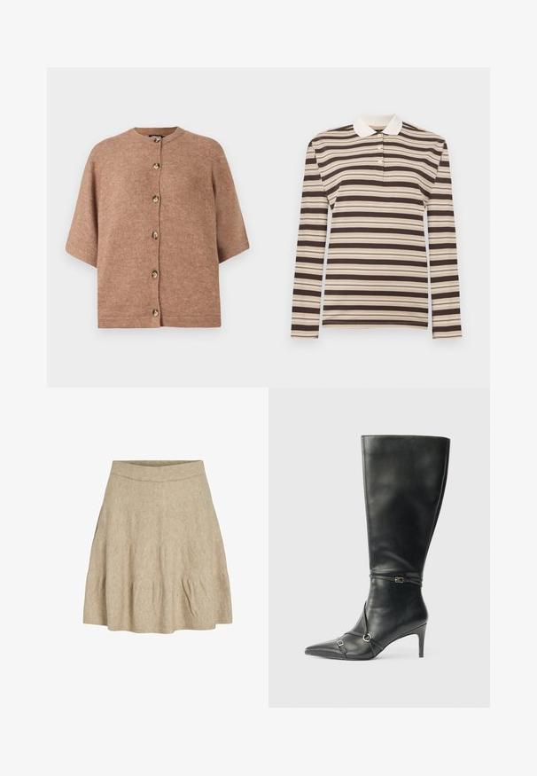 Bruine korte mouwen cardigan gemaakt van zachte stof, met een ronde halslijn en zes lichtgekleurde knopen aan de voorkant.; Polo-shirt met lange mouwen in bruin en beige strepen, met een kraag en een drie-knops sluiting; gemaakt van zachte stof.; Een korte, beige rok gemaakt van een zachte, gestructureerde stof met een geribbeld tailleband en een lichte plooiing bij de zoom.; Zwarte leren kniehoge laarzen met een slanke hak, puntige neus en banddetail bij de enkel. Gladde textuur en aansluitend ontwerp.
