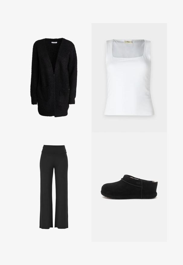 Sort åben-foran tekstureret strikket cardigan med lange ærmer og to forlommer, mærket "INFLUENCER" inde i kraven.; Hvid top med firkantet halsudskæring lavet af glat stof. Har brede stropper og en tætsiddende silhuet. Ingen synlige mønstre eller dekorationer.; Sorte, brede bukser med et højt, draperet talje bånd lavet af et blødt, strækbart materiale, der har glatte, jævne syninger og ingen synlige mønstre.; Sort slip-on ruskindstøfler med lav hæl, rundet tå og blødt indre for, synligt ved åbningen, sidevisning.