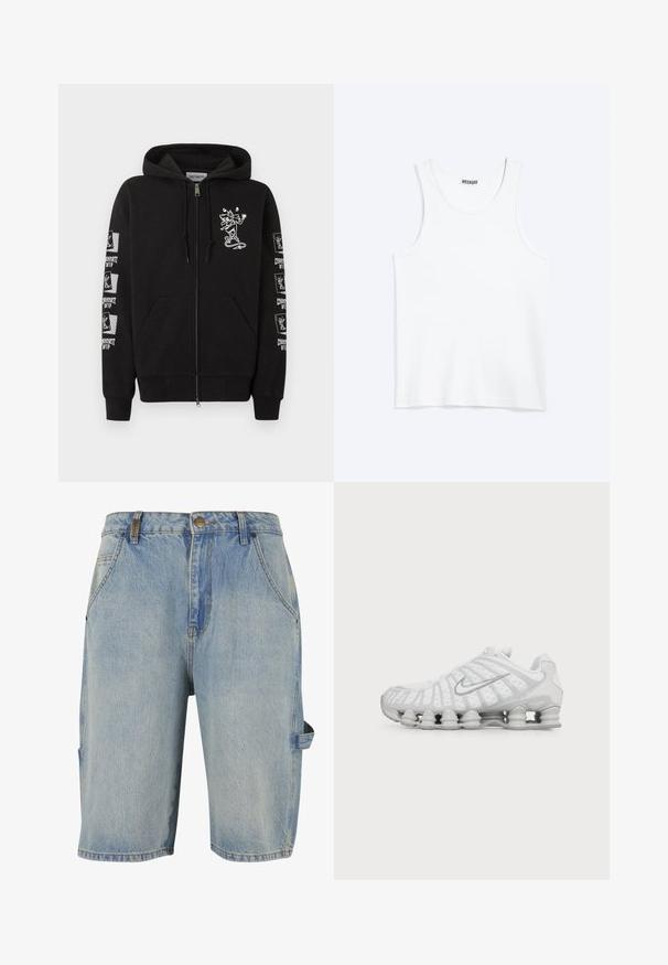 Sweat à capuche noir zippé avec poches avant, petit dessin de skateboarder cartoon blanc sur la poitrine, et logos "Carhartt WIP" skateboarder répétés sur les manches.; Débardeur blanc sans manches avec col rond et étiquette de la marque Weekday à l'intérieur du col arrière, présenté à plat sur un fond clair.; Shorts en denim bleu clair, avec un design classique à cinq poches, des détails de couture visibles et une poche cargo sur le côté avec une boucle.; Chaussure de running blanche Nike avec semelle à coussin d’air visible et logo swoosh argenté sur le côté, vue de l'extérieur.