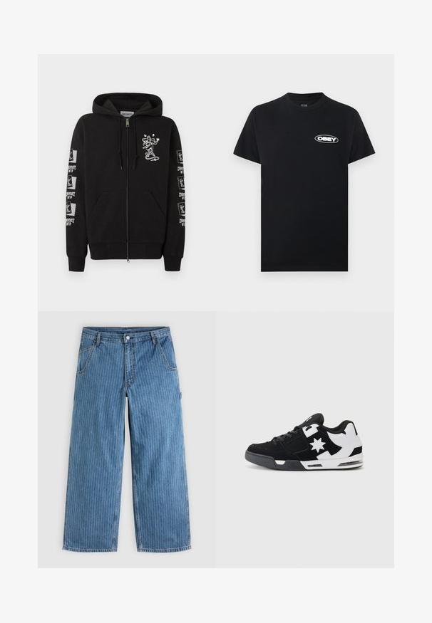 Zwarte hoodie met ritssluiting, voorzakken, een kleine witte cartoon van een skateboarder op de borst en herhaalde "Carhartt WIP" skateboarderlogo's op de mouwen.; Zwart T-shirt met korte mouwen en ronde hals, met een klein wit "OBEY" logo op de linkerbovenkant, getoond tegen een effen lichte achtergrond.; Blauwe jeans met wijde pijpen en dunne witte verticale spijkerstreepjes, voorzakken, riemlussen en een knoopsluiting in de taille.; Zwarte en witte sneaker van suede en mesh materiaal. Voorzien van een prominent sterrenlogo en gedurfde accenten op de zijkant, met een gevoerde zool.