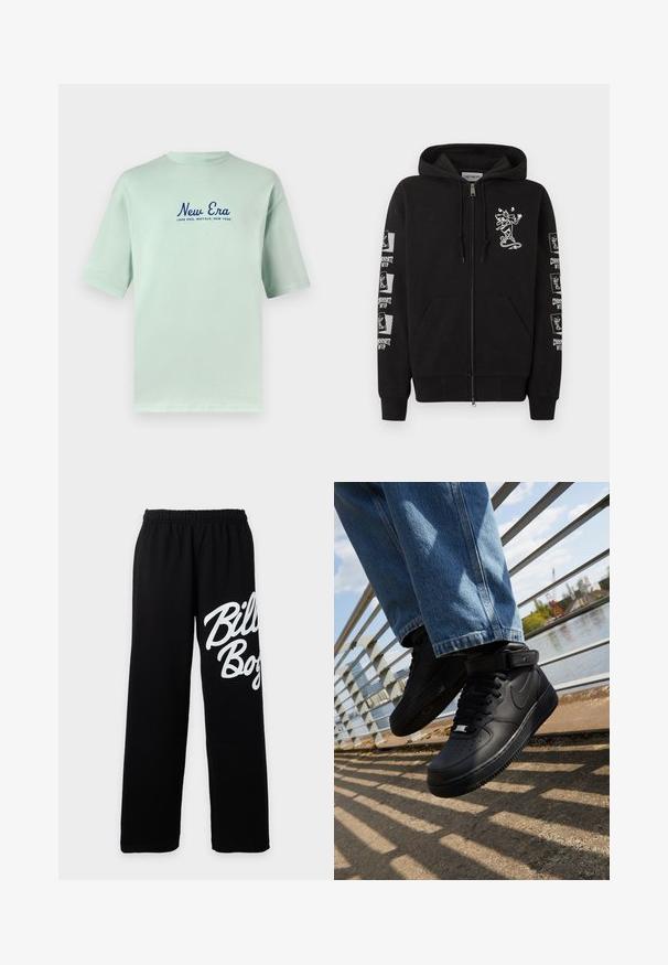 Sort hættejakke med lynlås og lommer foran, et lille hvidt tegneserie-skateboarderprint på brystet og gentagne "Carhartt WIP" skateboarderlogoer på ærmerne.; Mintgrønt bomulds T-shirt med korte ærmer, med navyblå "New Era" tekst og "Lake Erie, Buffalo, New York" trykt nedenunder.; Sorte elastiske sweatpants med vidde ben og stor hvid "Billabong" tekst på højre lår.; Sorte Nike Air Force 1 sneakers med læderoverdel, mesh-tunge og gummisål, der har et høj-top design og tykke snørebånd.