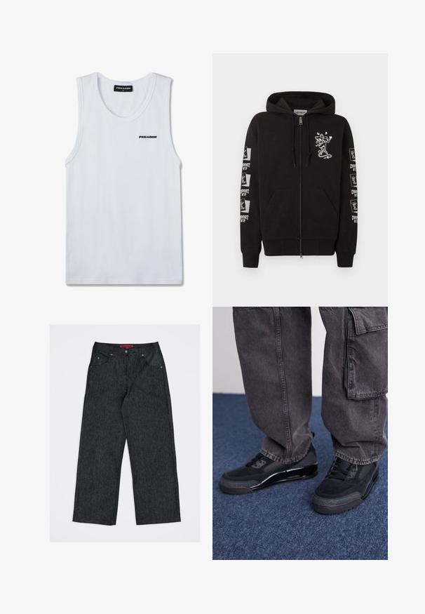 Sweat à capuche noir zippé avec poches avant, petit dessin de skateboarder cartoon blanc sur la poitrine, et logos "Carhartt WIP" skateboarder répétés sur les manches.; Débardeur blanc sans manches en maille côtelée avec logo noir "PEGADOR" sur la poitrine et étiquette de taille à l'intérieur de l'encolure.; Jean en denim gris foncé à jambes larges avec cinq poches et une étiquette de marque rouge sur la ceinture intérieure.; Des chaussures de sport noires avec une surface texturée, des accents lisses et une semelle épaisse, accompagnées de pantalons cargo larges et foncés.