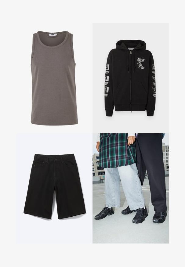 Sort hættejakke med lynlås og lommer foran, et lille hvidt tegneserie-skateboarderprint på brystet og gentagne "Carhartt WIP" skateboarderlogoer på ærmerne.; Grå ribbet tank top med rund halsudskæring og brede ærmehuller. Lavet af strækbart stof, har den en almindelig pasform og et minimalistisk design.; Sorte denim shorts til knæet med frontknap, bæltestropper og fem lommer, vist mod en hvid baggrund.; Sorte atletik sko med mesh- og gummidetaljer. Båret med lysegrå vide jeans og en ternet grøn bluse. Flad overflade i baggrunden.