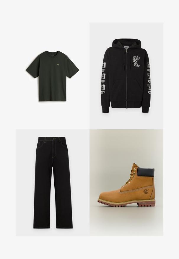 Sudadera negra con cremallera, bolsillos frontales, un pequeño gráfico blanco de un patinador animado en el pecho y logotipos repetidos de "Carhartt WIP" con temática de patinador en las mangas.; Vans Camiseta básica - dark green; Pantalones de mezclilla negros con corte recto, que cuentan con bolsillos frontales, costuras amarillas en contraste y un cierre de botón en la cintura.; Bota de tobillo de cuero marrón con cuello negro, cordones amarillos y suela beige. Presenta un logotipo y detalles de costura blanca. Suela exterior con tracción robusta.